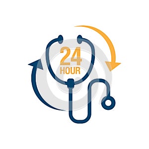 24 hours doctor service logo iconvector.  sign of 24/7 day and night healthcare medical services button symbol