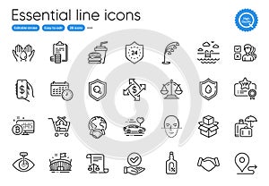 24 hours, Global business and Handshake line icons. For website, printing and application. Vector