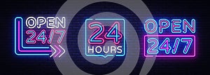 24 hours Neon signboards set Vector. Open all day neon signs, design template, modern trend design, night bright