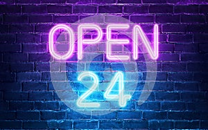 24 hours open neon sighboard on brick wall. 3d