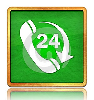 24 hours open phone rotate arrow icon chalk board green square button slate texture wooden frame concept isolated on white