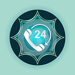 24 hours open phone rotate arrow icon magical glassy sunburst blue button sky blue background