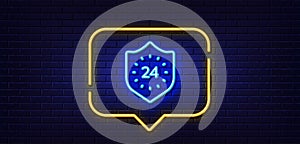 24 hours protection line icon. Shield sign. Neon light speech bubble. Vector