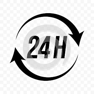 24 hours round clock arrow vector icon. Customer support, delivery and open store, 24H sign