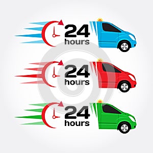 24 hours service emergency car. Car 24 hours. Blue, red, green emergency/urgent car. Shipping car. Delivery car. Vector set.