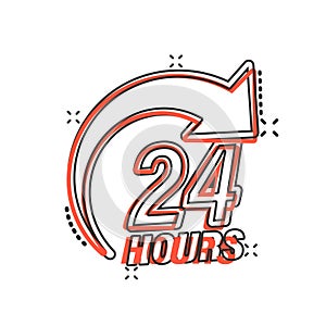 24 hours service icon in comic style. All day business and service cartoon vector illustration on isolated background. Quick