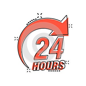 24 hours service icon in comic style. All day business and service cartoon vector illustration on isolated background. Quick