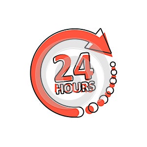 24 hours service icon in comic style. All day business and service cartoon vector illustration on isolated background. Quick