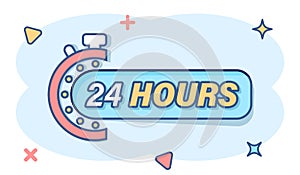 24 hours service icon in comic style. All day business and service cartoon vector illustration on isolated background. Quick