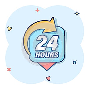 24 hours service icon in comic style. All day business and service cartoon vector illustration on isolated background. Quick