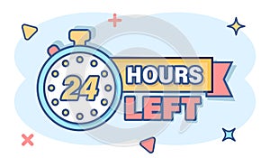 24 hours service icon in comic style. All day business and service cartoon vector illustration on isolated background. Quick