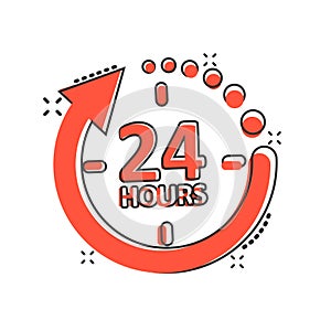 24 hours service icon in comic style. All day business and service cartoon vector illustration on isolated background. Quick