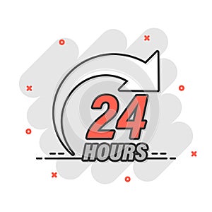 24 hours service icon in comic style. All day business and service cartoon vector illustration on isolated background. Quick