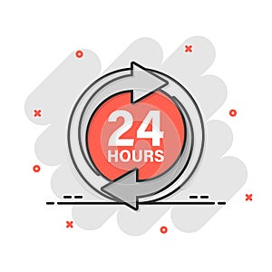 24 hours service icon in comic style. All day business and service cartoon vector illustration on isolated background. Quick