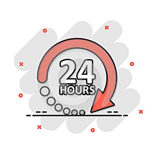 24 hours service icon in comic style. All day business and service cartoon vector illustration on isolated background. Quick