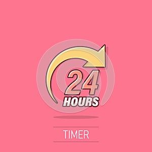 24 hours service icon in comic style. All day business and service cartoon vector illustration on isolated background. Quick