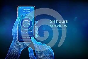 24 hours servises. 24-7 support. Technical support. Customer help. Tech support. Customer service, Business and technology concept