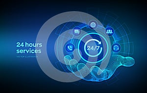 24 hours servises icon in robotic hand. 24-7 support. Technical support. Customer help. Tech support. Customer service, Business