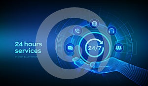 24 hours servises icon in wireframe hand. 24-7 support. Technical support. Customer help. Tech support. Customer service, Business