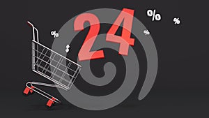24 percent discount flying out of a shopping cart on a black background. Concept of discounts, black friday, online sales. 3d