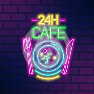 24H cafe neon sign on brick wall vector flat illustration. Bright glowing signboard noctidial cafeteria with plate and