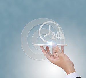 24h Open hours vector icon. Non stop working shop or service symbol. All day working time sign.