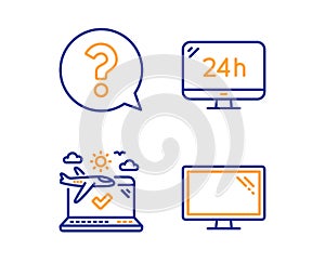 24h service, Question mark and Airplane travel icons set. Monitor sign. Call support, Help support, Check in. Vector