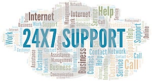 24x7 Support word cloud vector made with text only.