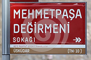 25-01-2023 Istanbul-Turkey: Red Street Sign board of Mehmet Pasa De?irmeni Street located at Uskudar