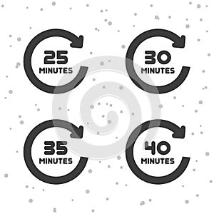 25, 30, 35 and 40 Minutes rotation icons. Timer symbols.