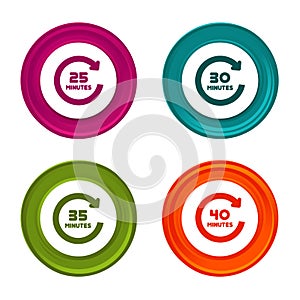 25, 30, 35 and 40 Minutes rotation icons. Timer symbols. Colorful web button with icon