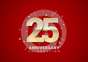 25 anniversary background with golden numbers, confetti, stars on bright red holiday background. Vector Illustration