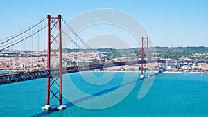 The 25 April bridge in Lisbon above the Tejo river.