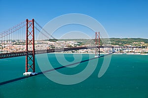 25 of April Bridge (Ponte 25 de Abril) â€“ a suspension bridge over Tegus river. Lisbon. Portugal