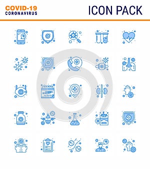 25 Blue Set of corona virus epidemic icons. such as heart, lab, devirus, tubes, chemistry