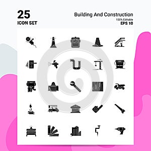 25 Building and Construction Icon Set. 100% Editable EPS 10 Files. Business Logo Concept Ideas Solid Glyph icon design