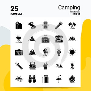 25 Camping Icon Set. 100% Editable EPS 10 Files. Business Logo Concept Ideas Solid Glyph icon design