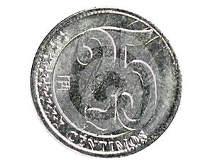 25 Centimos coin, 2007~2016 - Bolivarian Republic of Venezuela - 2nd Series, 2007. Bank of Venezuela. Obverse, issued on 2007