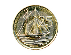 25 Cents coin (Two Masted Cayman Schooner). Bank of Cayman Islands. Obverse, 2008