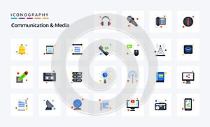 25 Communication And Media Flat color icon pack. Vector icons illustration