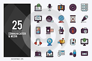 25 Communication And Media Lineal Color icon pack. vector illustration