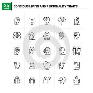 25 Concious Living And Personality Traits icon set. vector background