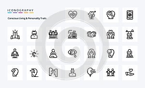 25 Concious Living And Personality Traits Line icon pack. Vector icons illustration