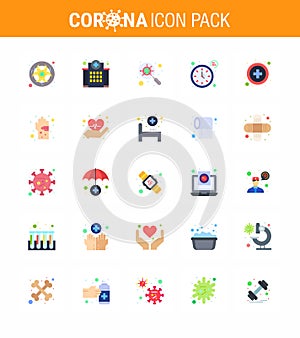 25 Flat Color viral Virus corona icon pack such as timer, seconds, medical, clock, interfac