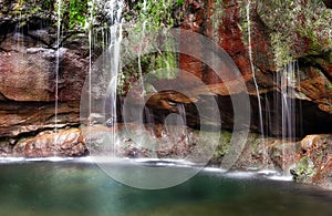 The 25 Fontes waterfall and natural pool. Hiking point, located in RabaÃ§al, Paul da Serra on Madeira Island. Portugal