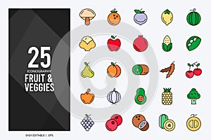 25 Fruit and Veggies Lineal Color icon pack. vector illustration