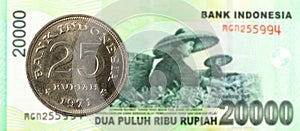 25 indonesian rupiah coin against 20000 indonesian rupiah note