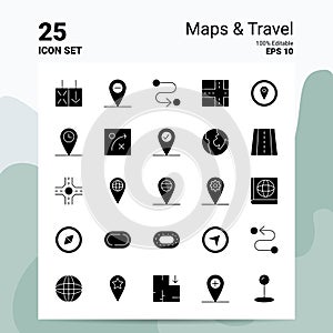 25 Maps & Travel Icon Set. 100% Editable EPS 10 Files. Business Logo Concept Ideas Solid Glyph icon design