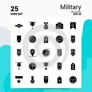 25 Military Icon Set. 100% Editable EPS 10 Files. Business Logo Concept Ideas Solid Glyph icon design