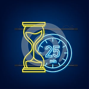 The 25 minutes, stopwatch vector neon icon. Stopwatch icon in flat style, timer on on color background. Vector